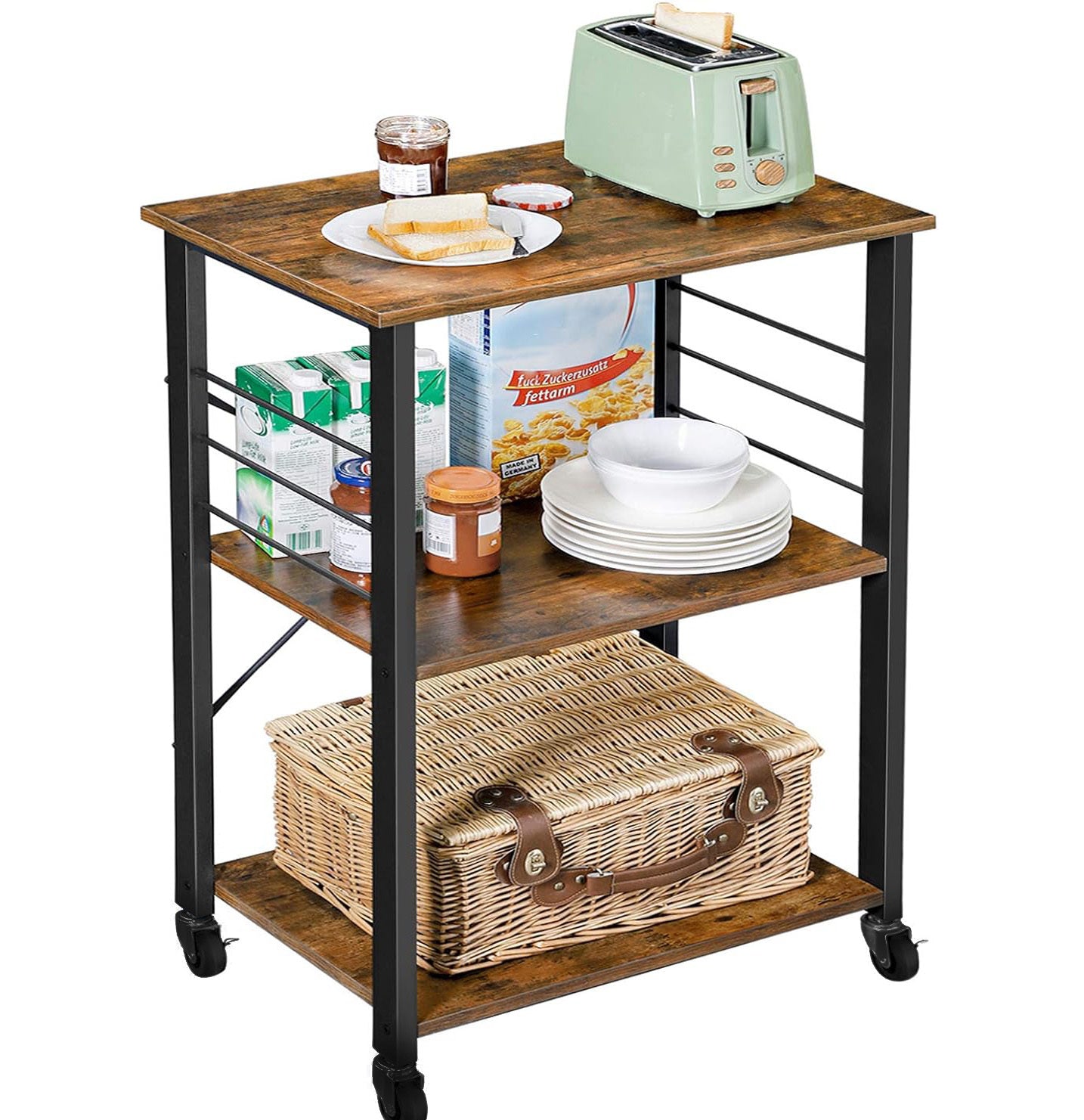 Atlas Rustic Wood & Steel Multipurpose Utility Cart Storage Shelf Kitchen Trolley