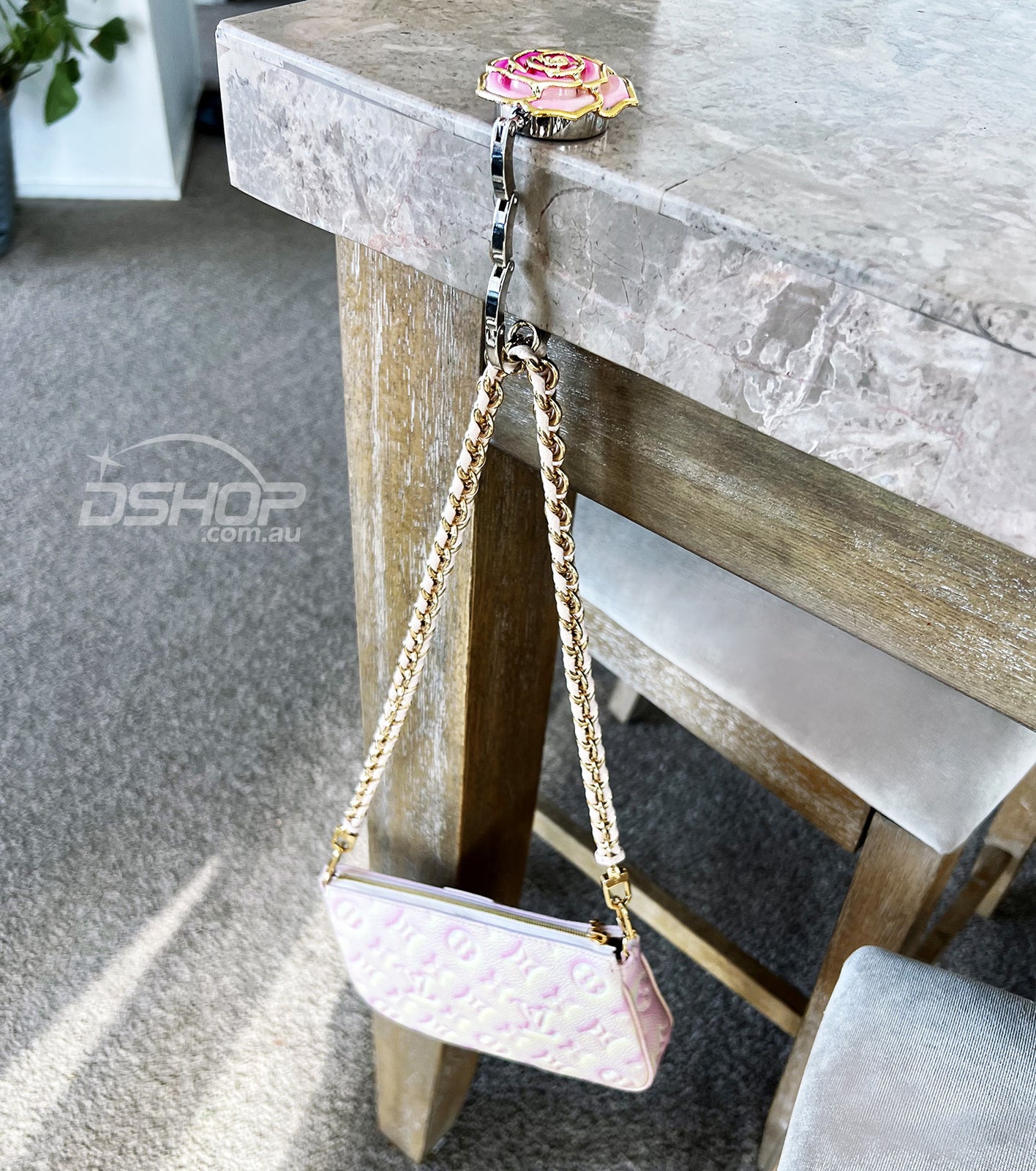Rose Flower Purse Handbag Bag Hook Hanger Table Holder (Pink)