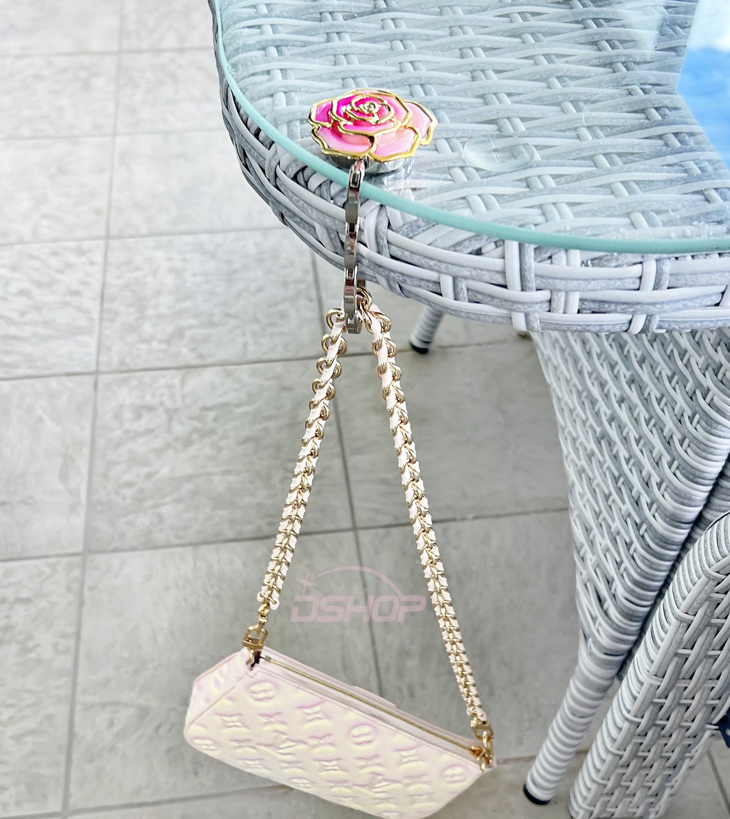 Rose Flower Purse Handbag Bag Hook Hanger Table Holder (Pink)