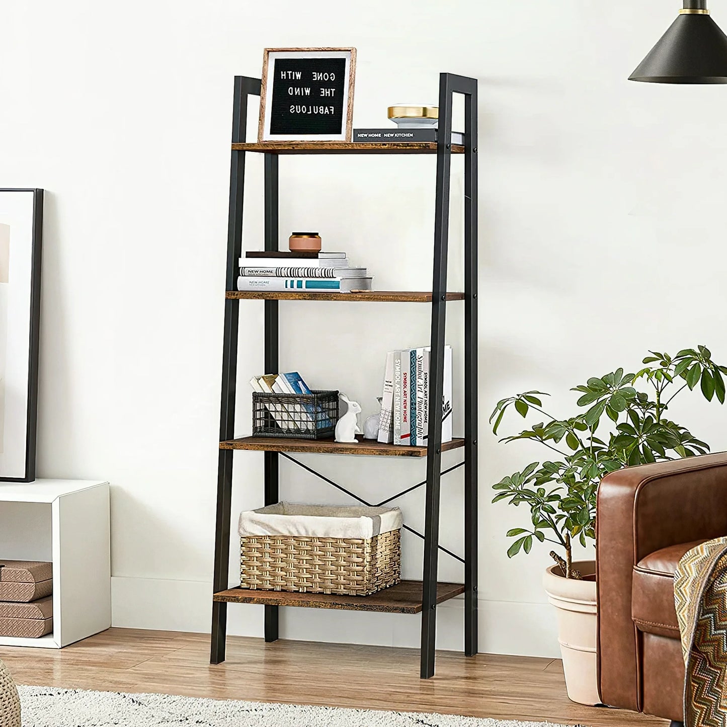 Elevate Rustic Wood & Metal 4-Tier Ladder Shelf Bookcase Storage Organizer