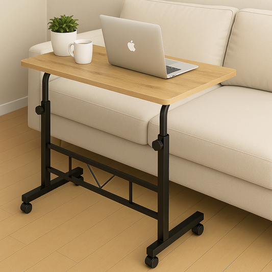 Adjustable Portable Rustic Oak Sofa Bed Side Table Laptop Desk with Wheels