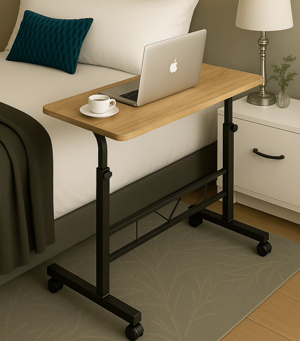 Adjustable Portable Rustic Oak Sofa Bed Side Table Laptop Desk with Wheels