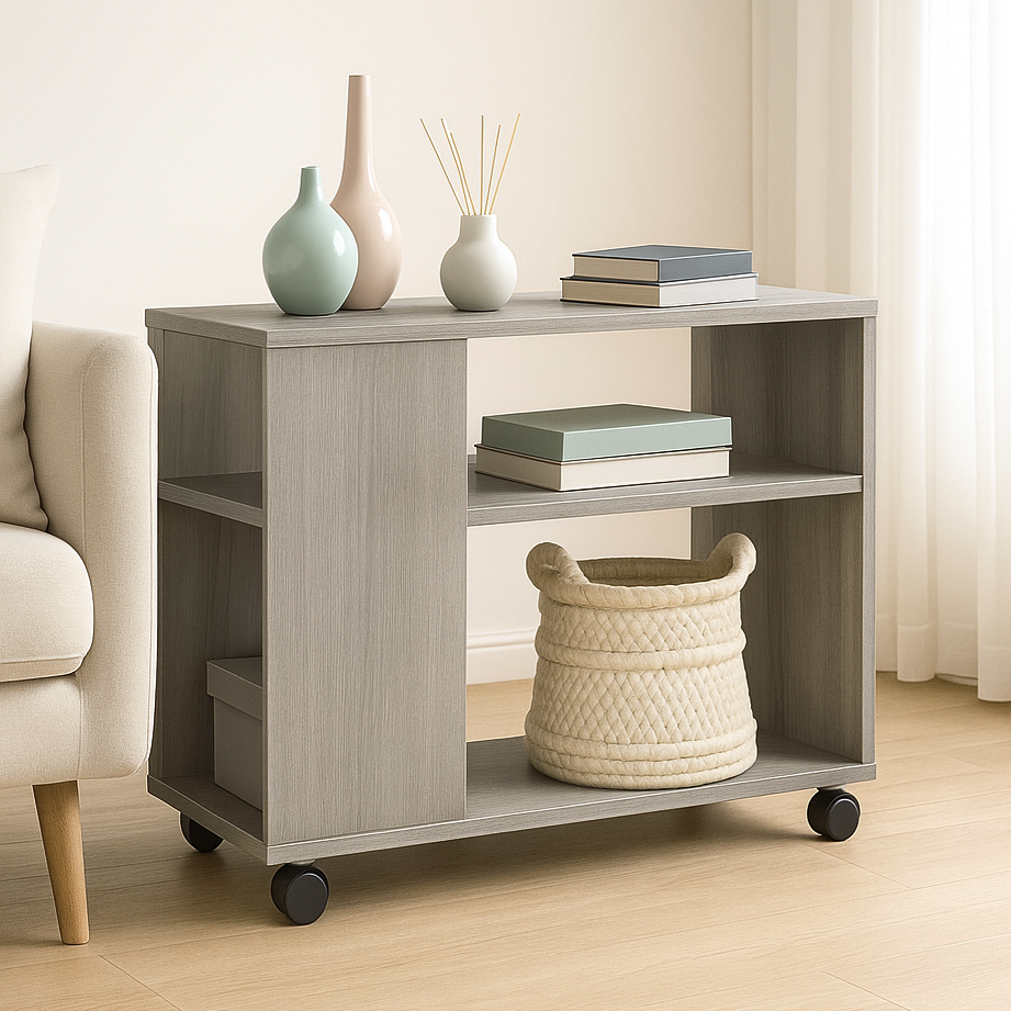 Versatile Sofa Side Table & Magazine Shelf with Casters (Driftwood Grey)