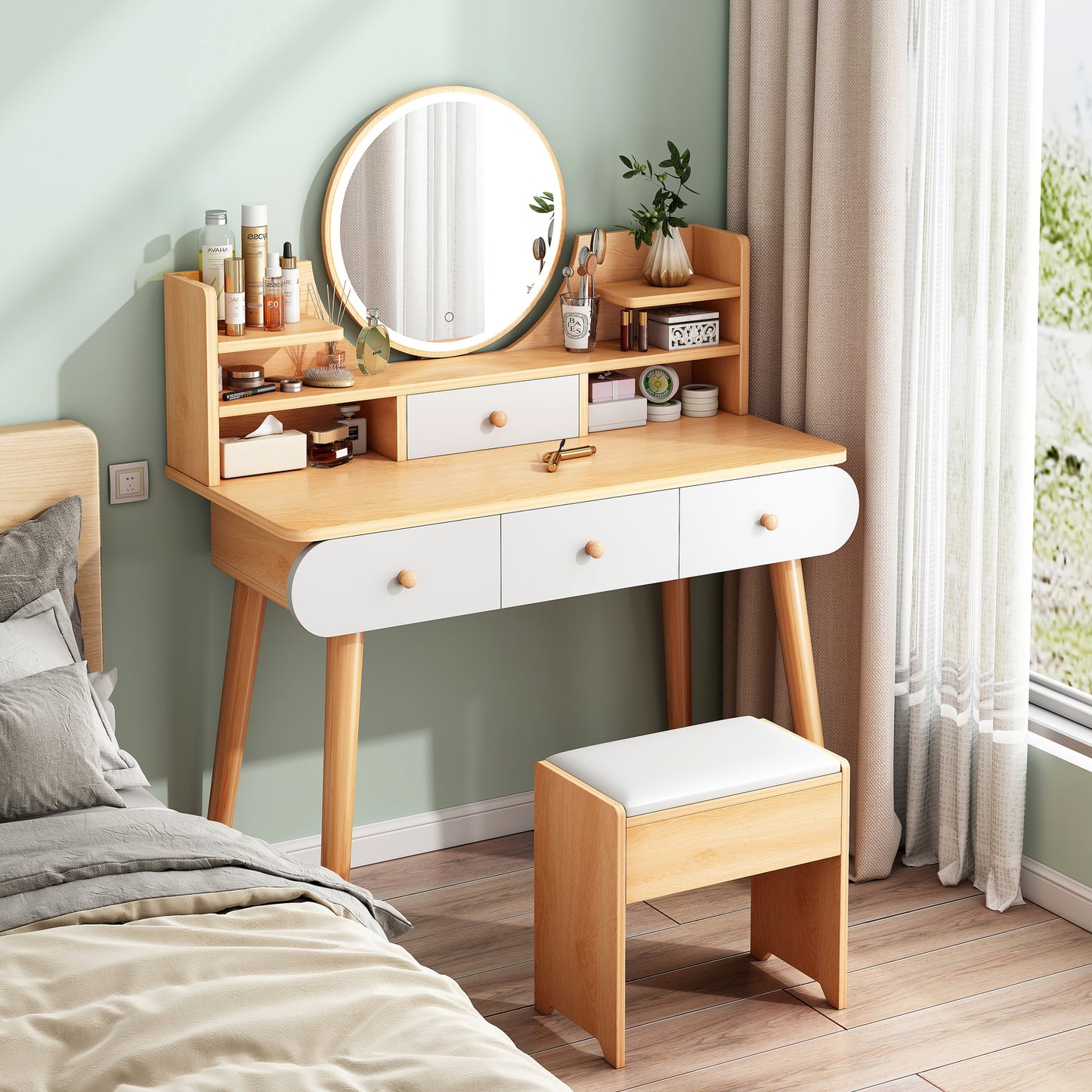 LED Luminous Beauty Large Dresser Vanity Table with Mirror, Stool and Storage Drawers Set (Oak)