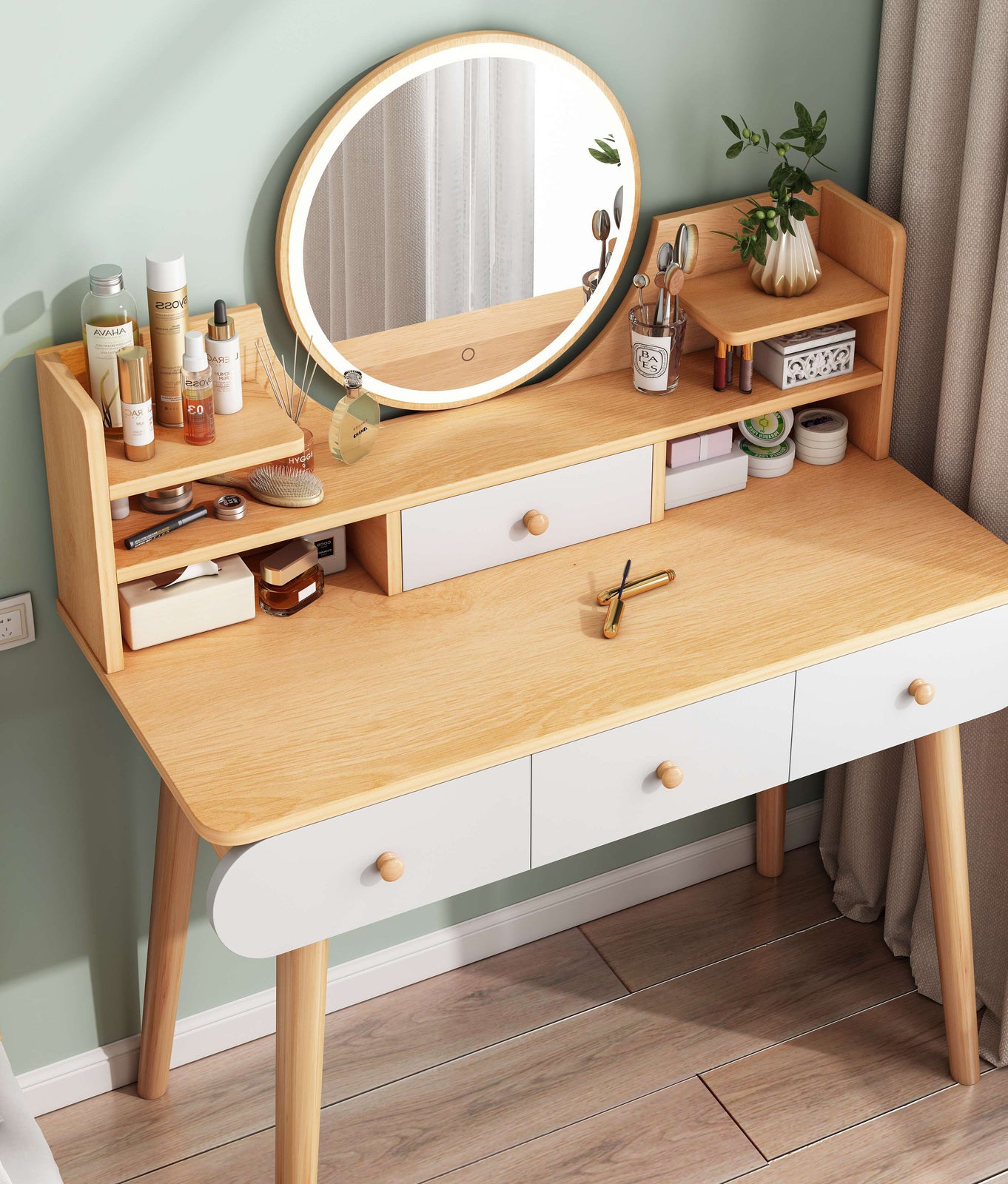 LED Luminous Beauty Large Dresser Vanity Table with Mirror, Stool and Storage Drawers Set (Oak)