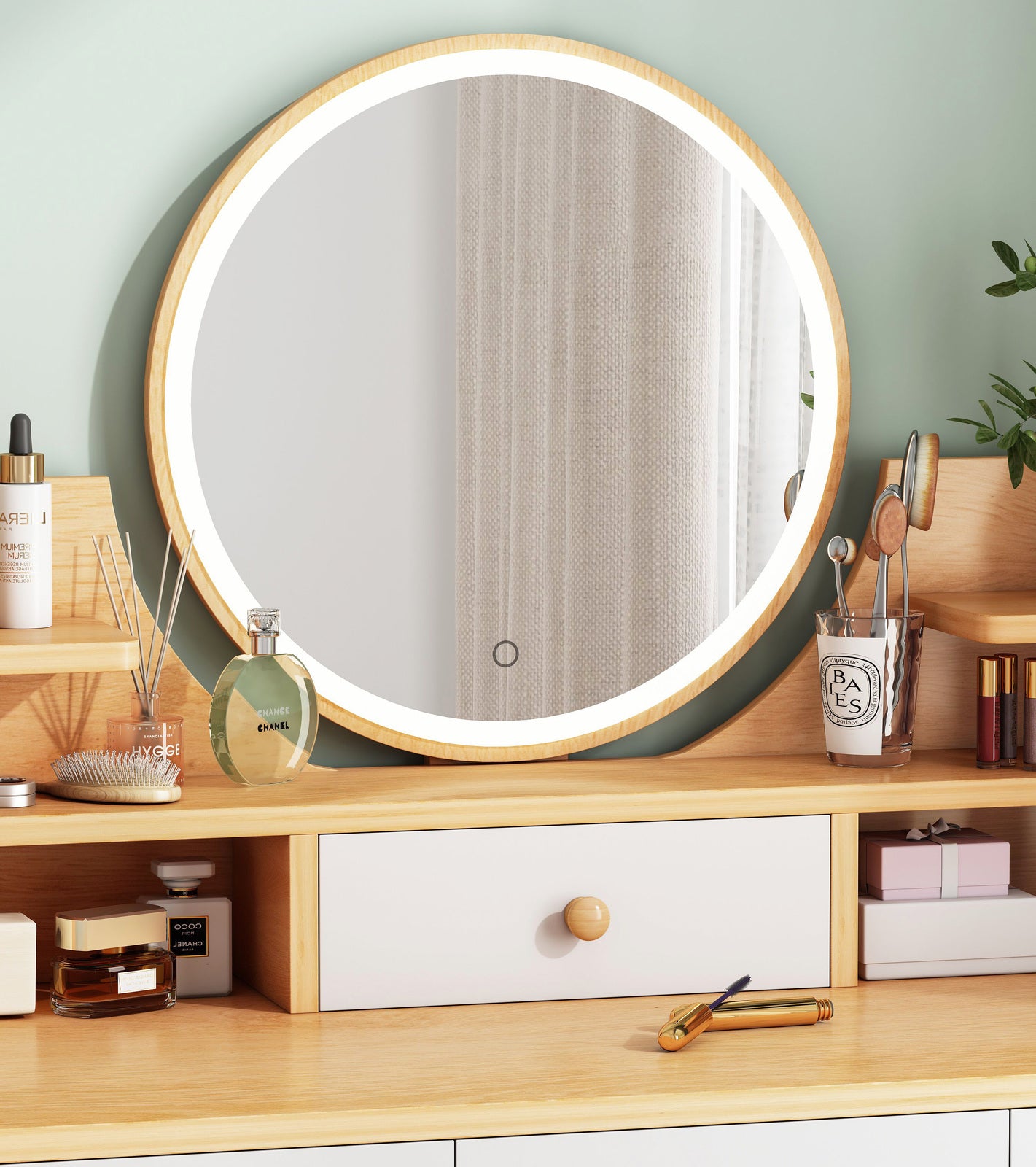 LED Luminous Beauty Large Dresser Vanity Table with Mirror, Stool and Storage Drawers Set (Oak)