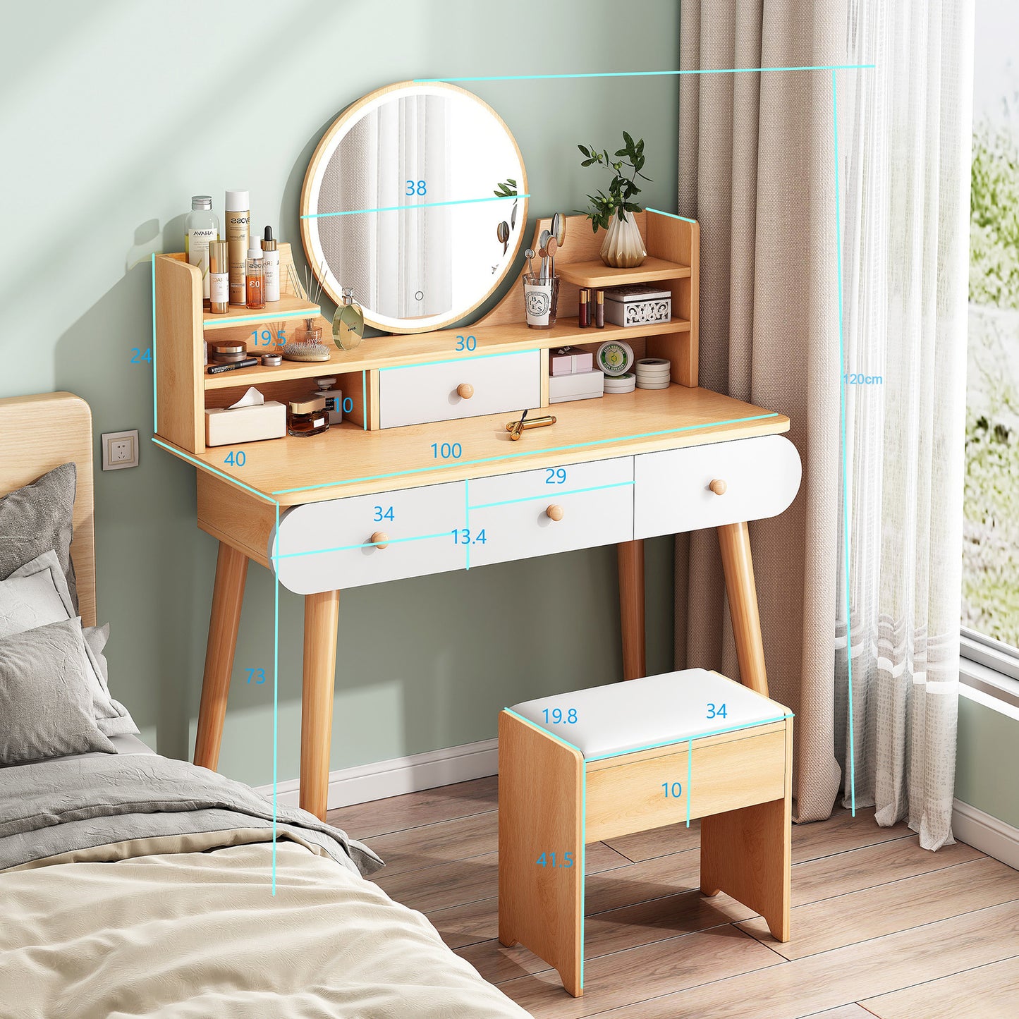 LED Luminous Beauty Large Dresser Vanity Table with Mirror, Stool and Storage Drawers Set (Oak)