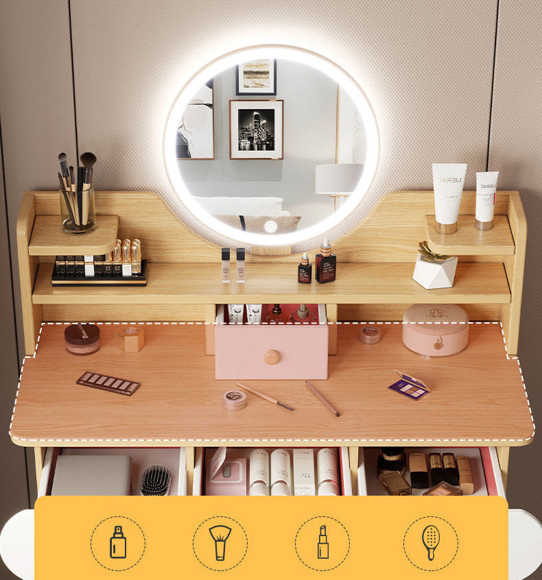 LED Luminous Beauty Large Dresser Vanity Table with Mirror, Stool and Storage Drawers Set (Oak)