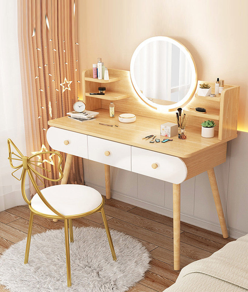 LED Luminous Beauty Large Dresser Vanity Table with Mirror, Stool and Storage Drawers Set (Oak)