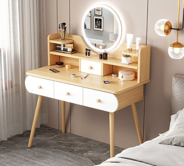 LED Luminous Beauty Large Dresser Vanity Table with Mirror, Stool and Storage Drawers Set (Oak)