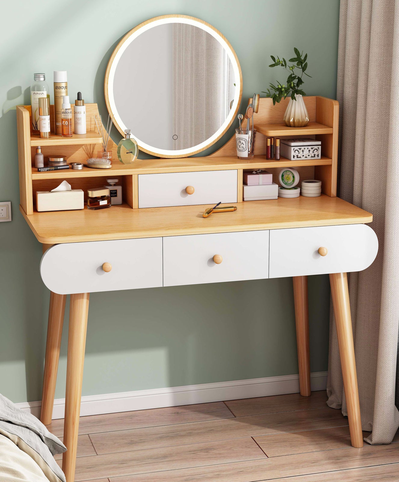 LED Luminous Beauty Large Dresser Vanity Table with Mirror, Stool and Storage Drawers Set (Oak)