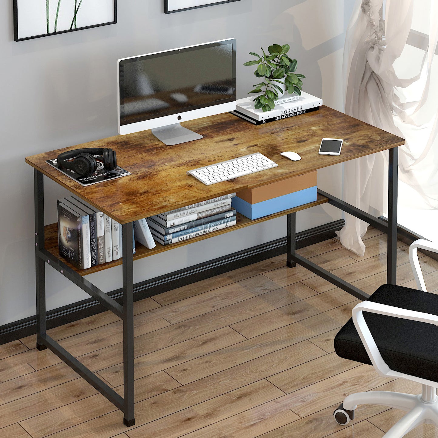 Studio Rustic Wood & Metal Computer Desk with Shelf