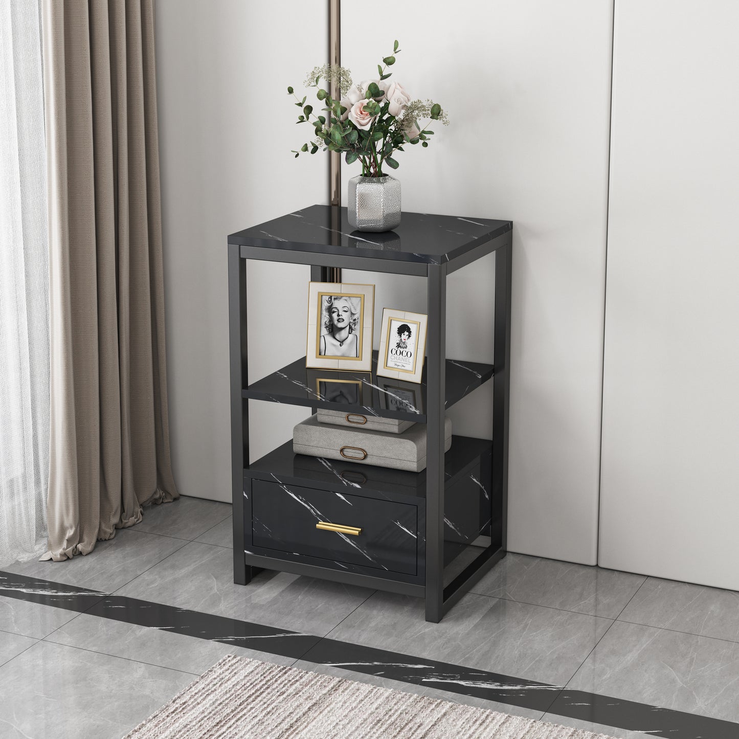 Synergy Luxury Marble Look Side Table Nightstand (Black)