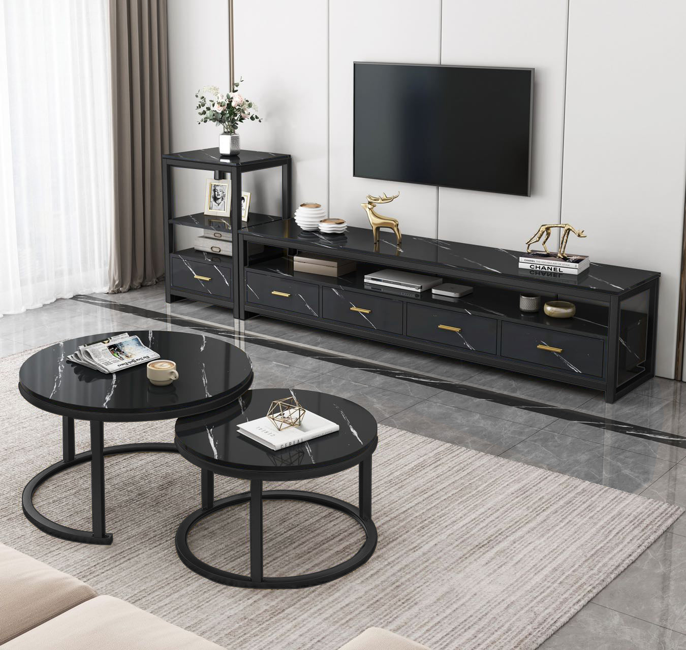 Synergy Luxury Marble Look Side Table Nightstand (Black)