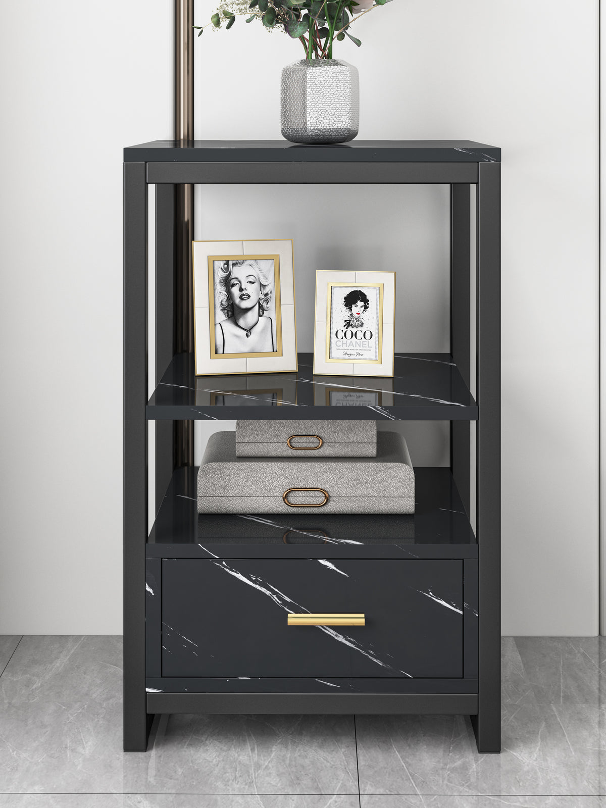 Synergy Luxury Marble Look Side Table Nightstand (Black)