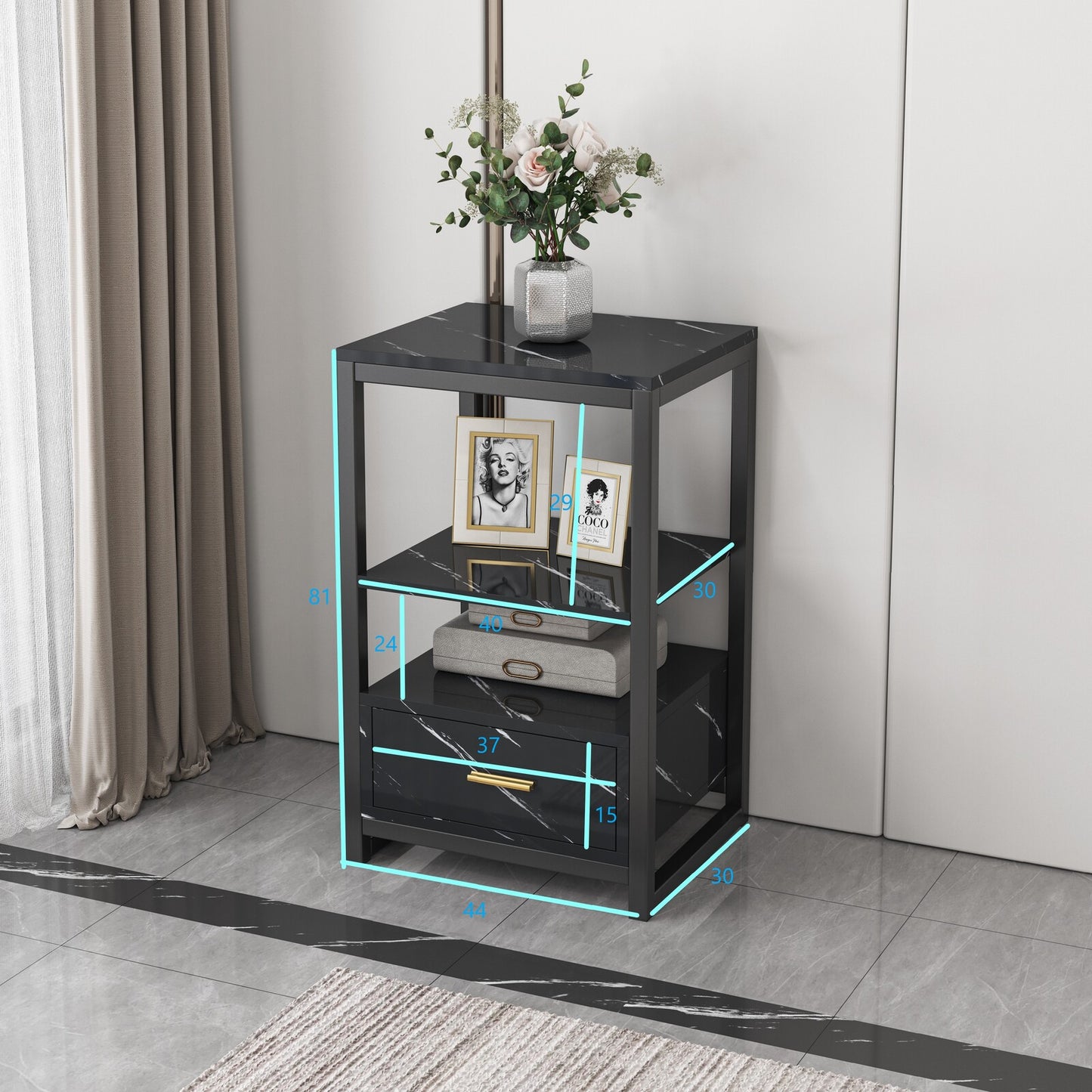 Synergy Luxury Marble Look Side Table Nightstand (Black)