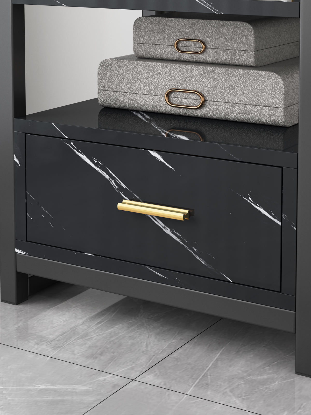 Synergy Luxury Marble Look Side Table Nightstand (Black)