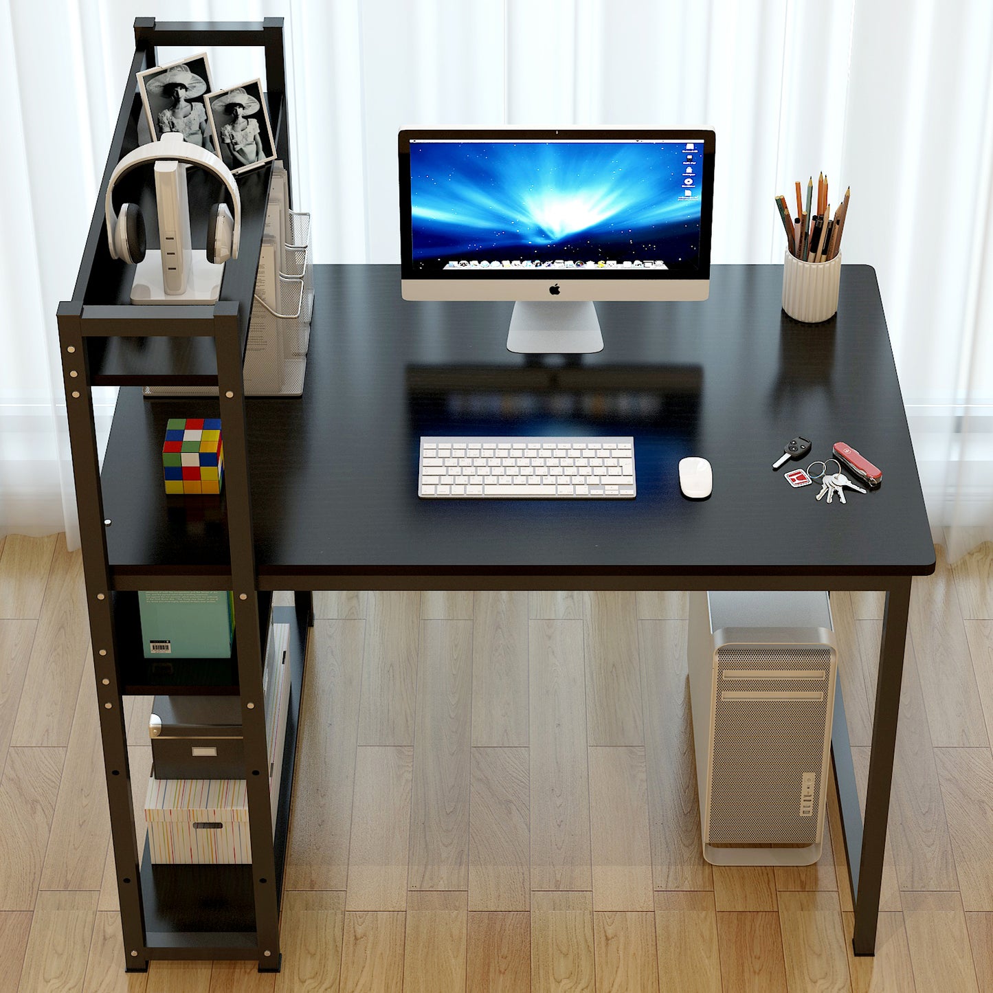 Edge Plus Combination Workstation Computer Desk with Storage Shelves (Black)