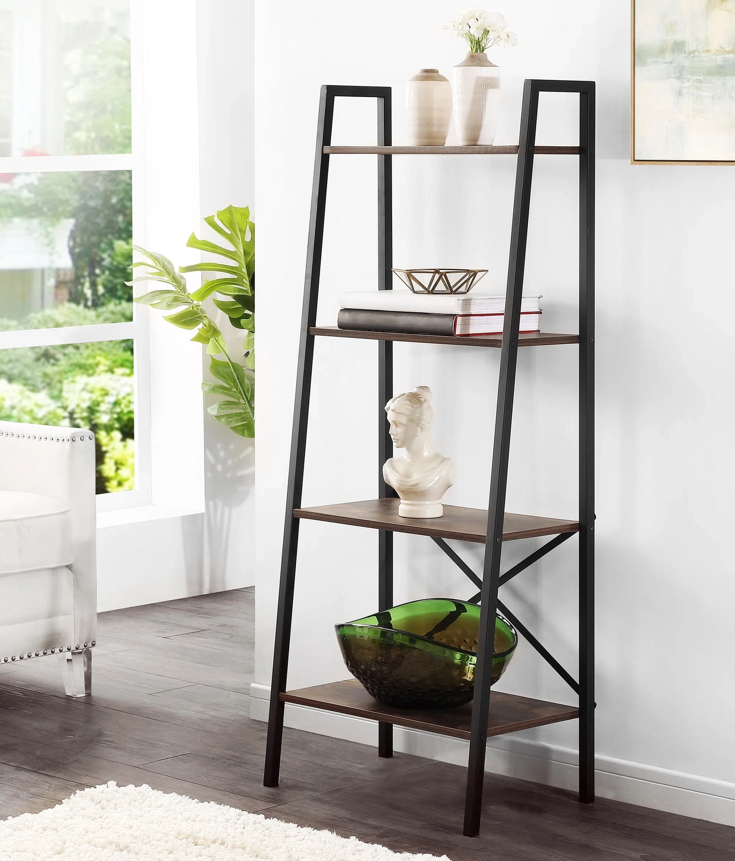 Elevate Rustic Wood & Metal 4-Tier Ladder Shelf Bookcase Storage Organizer