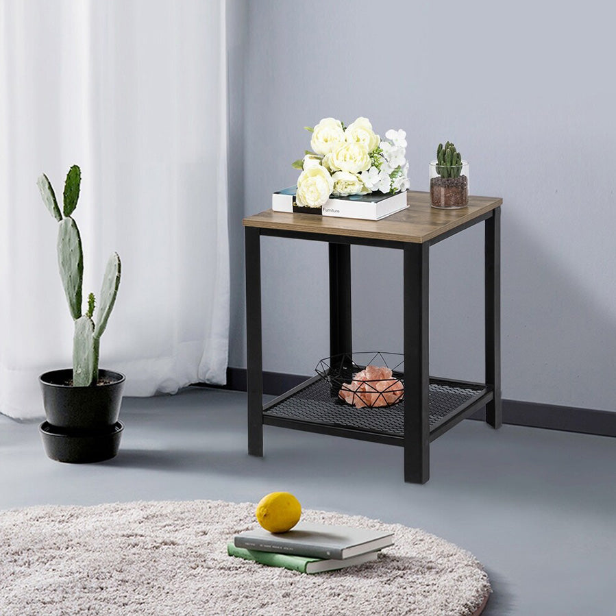 Loft Rustic Oak Industrial Wood & Steel Side Table with Storage Shelf