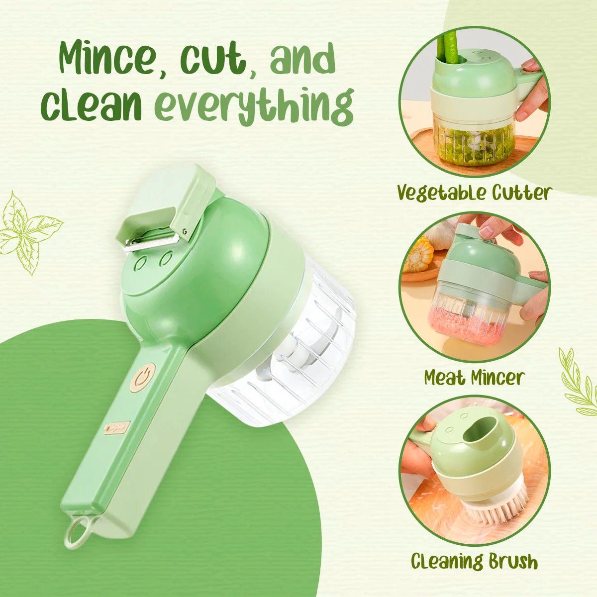 4 in 1 Portable Handheld Electric Vegetable Cutter Set Kitchen Slicer Chopper Food Grinder Processor