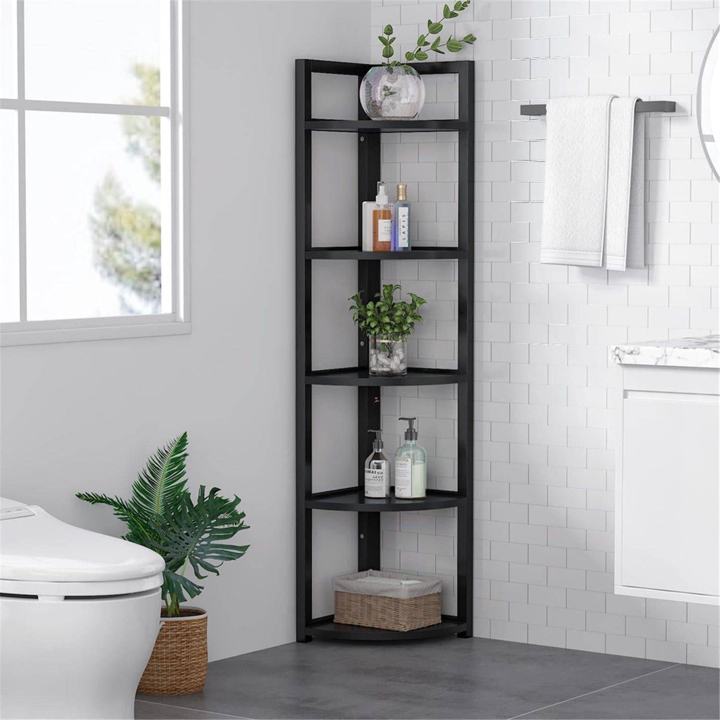 Optima 5 Tier Wood & Steel Corner Shelf Organizer Unit (Black)