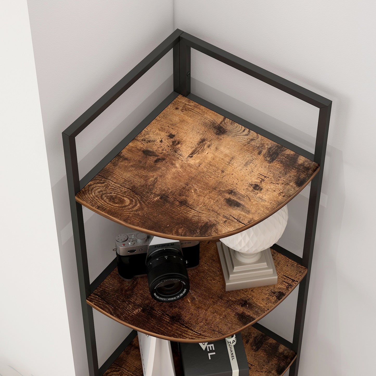 Optima 5 Tier Rustic Wood & Steel Corner Shelf Organizer Unit