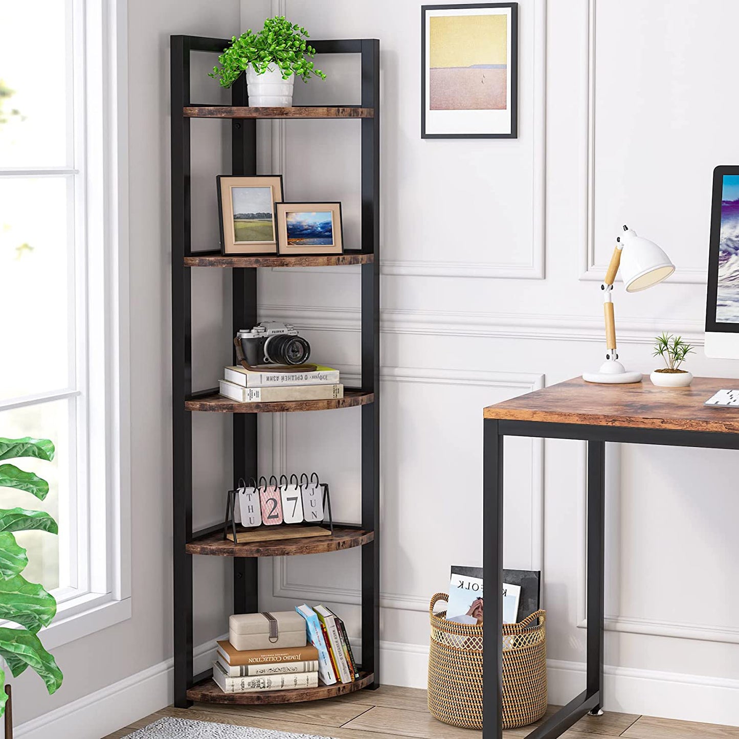 Optima 5 Tier Rustic Wood & Steel Corner Shelf Organizer Unit