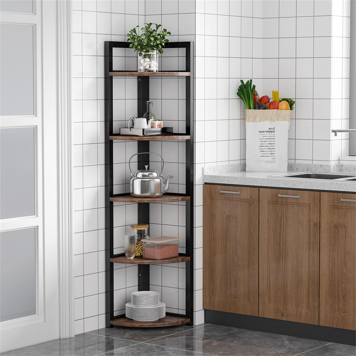 Optima 5 Tier Rustic Wood & Steel Corner Shelf Organizer Unit