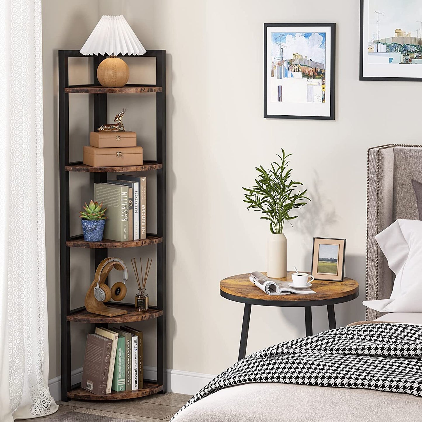 Optima 5 Tier Rustic Wood & Steel Corner Shelf Organizer Unit