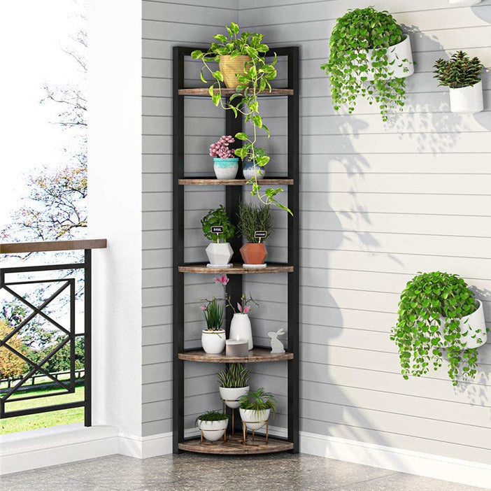 Optima 5 Tier Rustic Wood & Steel Corner Shelf Organizer Unit