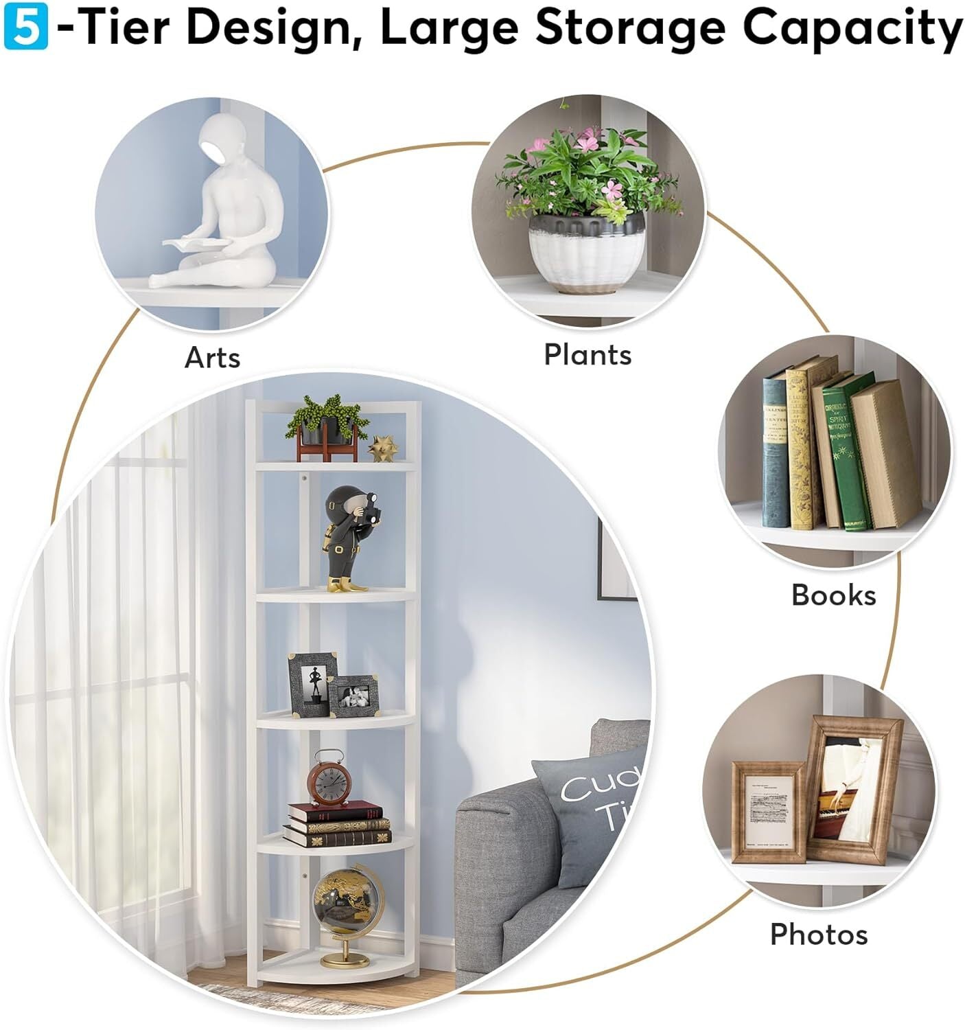 Optima 5 Tier Wood & Steel Corner Shelf Organizer Unit (White)