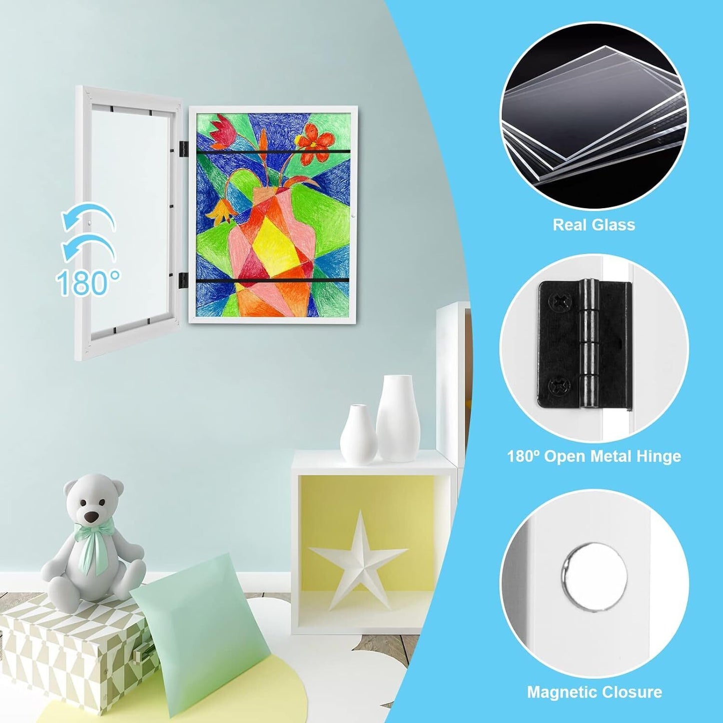A3 Kids Art Frame Wooden Artwork Display Children Drawing Storage Holds 150 Pictures (White)