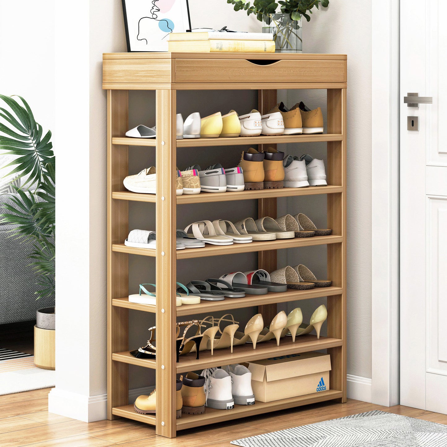Fiesta 7 Tier Extra Spacious Wooden Shoe Rack Organizer Shelf Cabinet (Natural Oak)