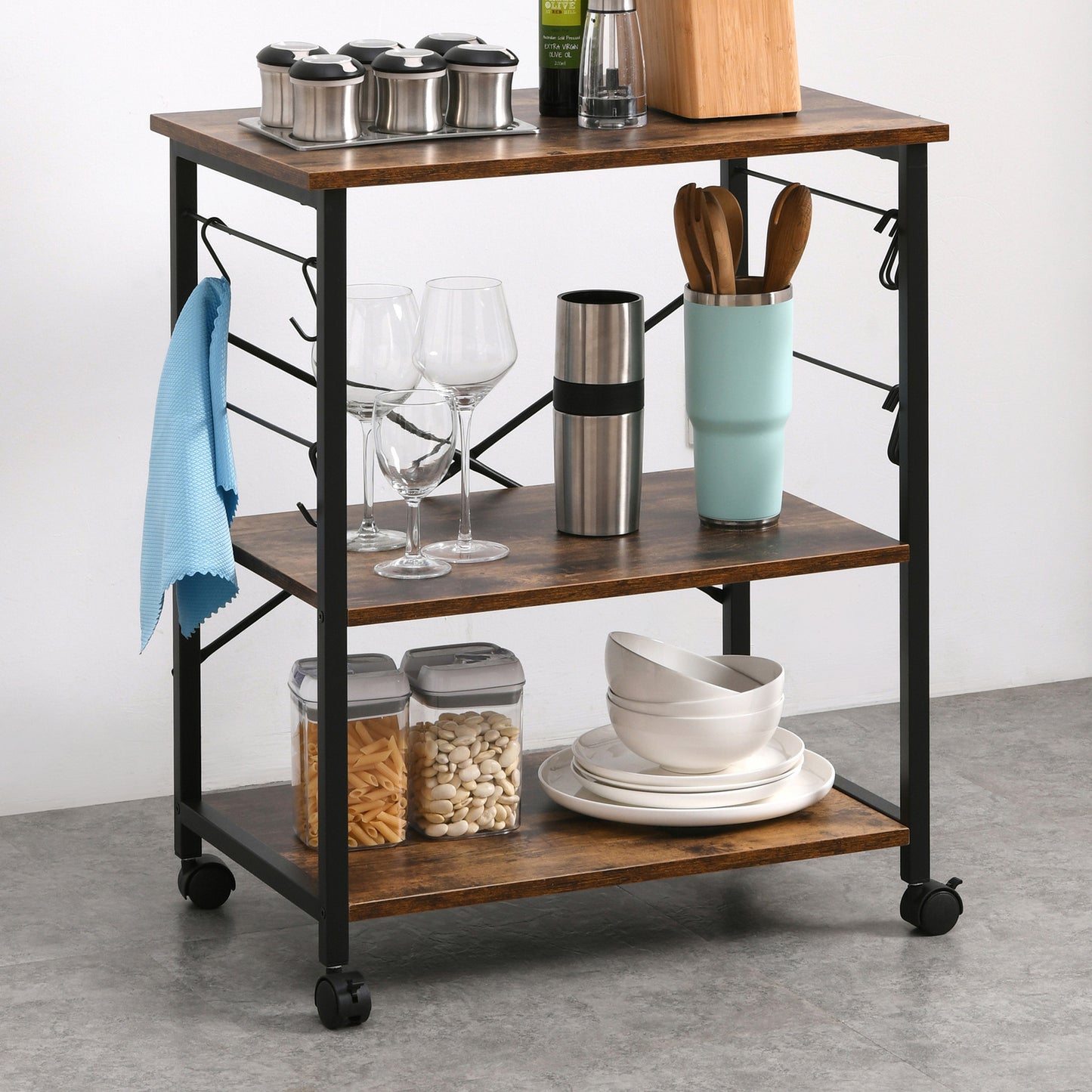 Atlas Rustic Wood & Steel Multipurpose Utility Cart Storage Shelf Kitchen Trolley