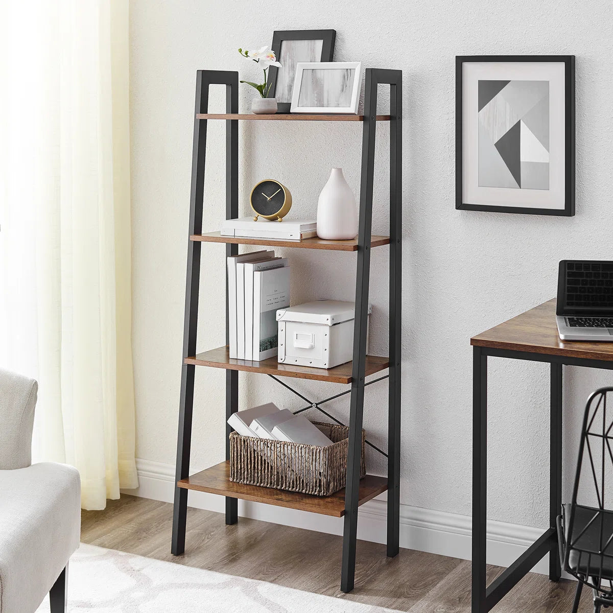 Elevate Rustic Wood & Metal 4-Tier Ladder Shelf Bookcase Storage Organizer