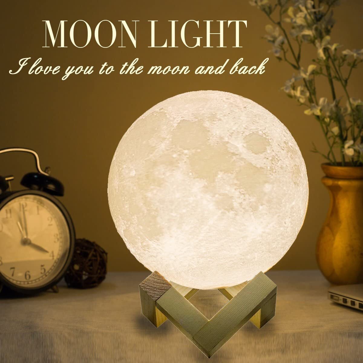 3D Moon Lunar Lamp Touch Sensor LED Night Light with Wooden Base