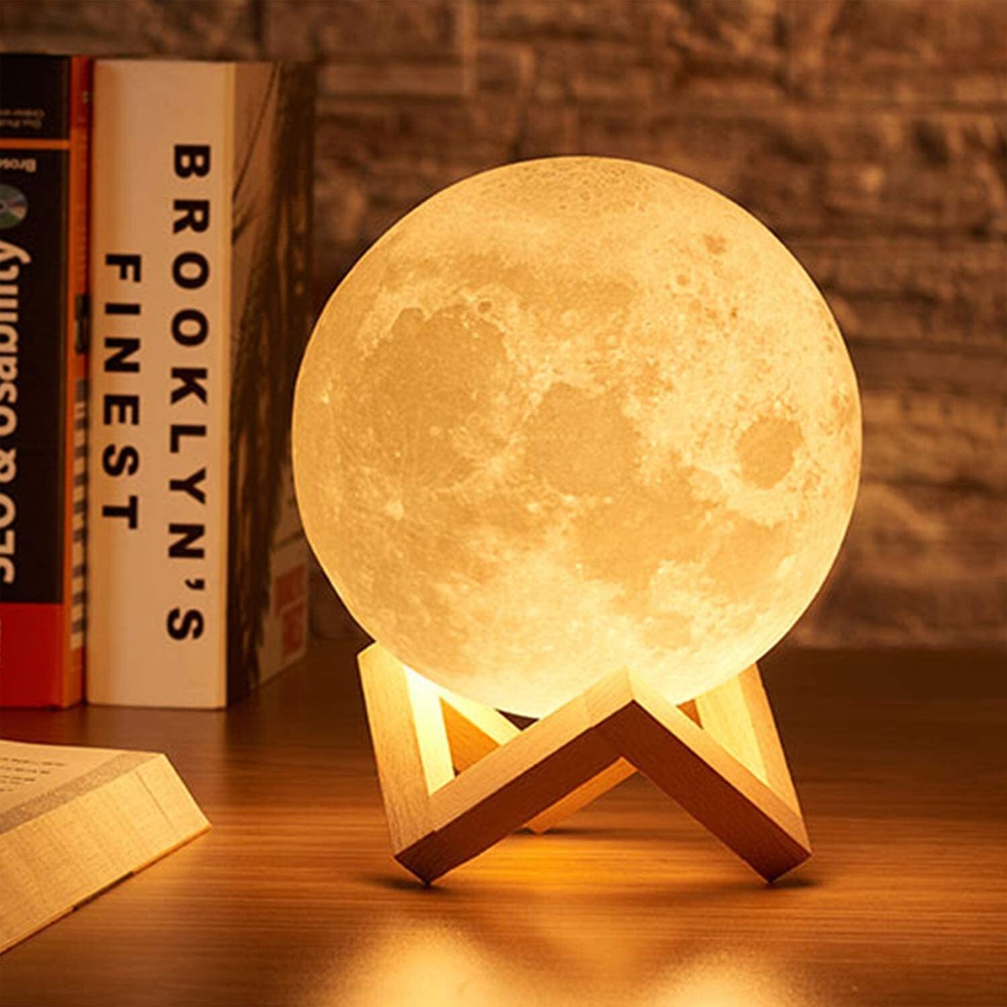 3D Moon Lunar Lamp Touch Sensor LED Night Light with Wooden Base