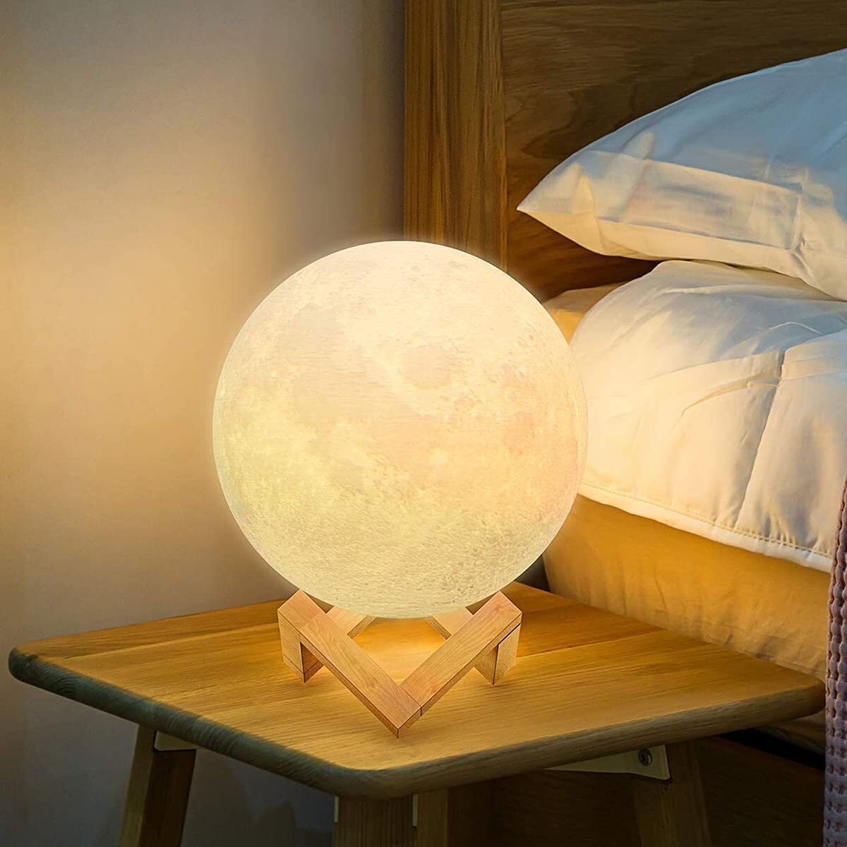 3D Moon Lunar Lamp Touch Sensor LED Night Light with Wooden Base