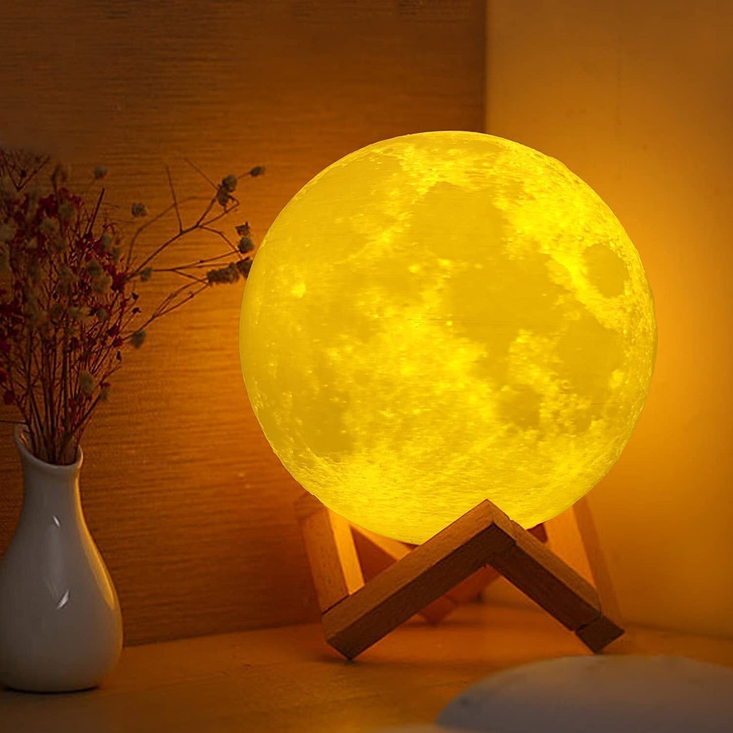 3D Moon Lunar Lamp Touch Sensor LED Night Light with Wooden Base