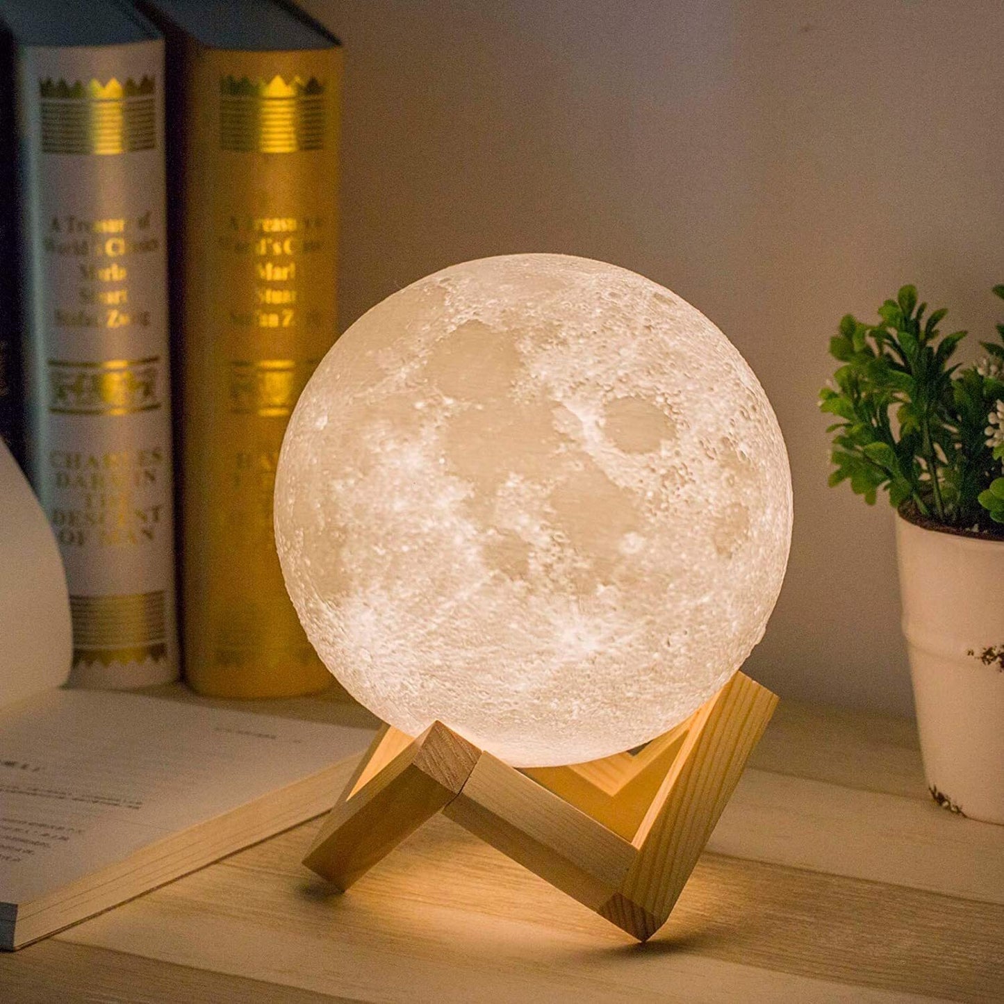 3D Moon Lunar Lamp Touch Sensor LED Night Light with Wooden Base