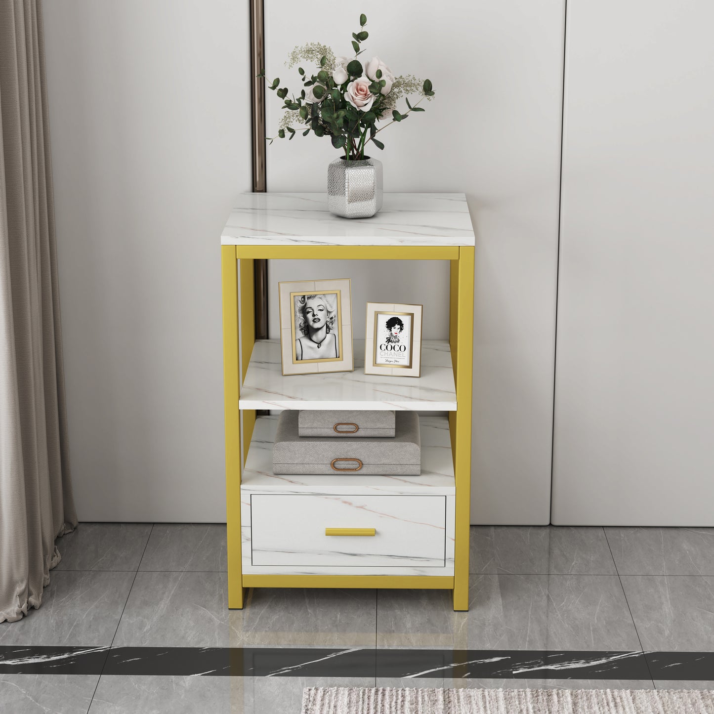 Synergy Luxury Marble Look Side Table Nightstand (White)