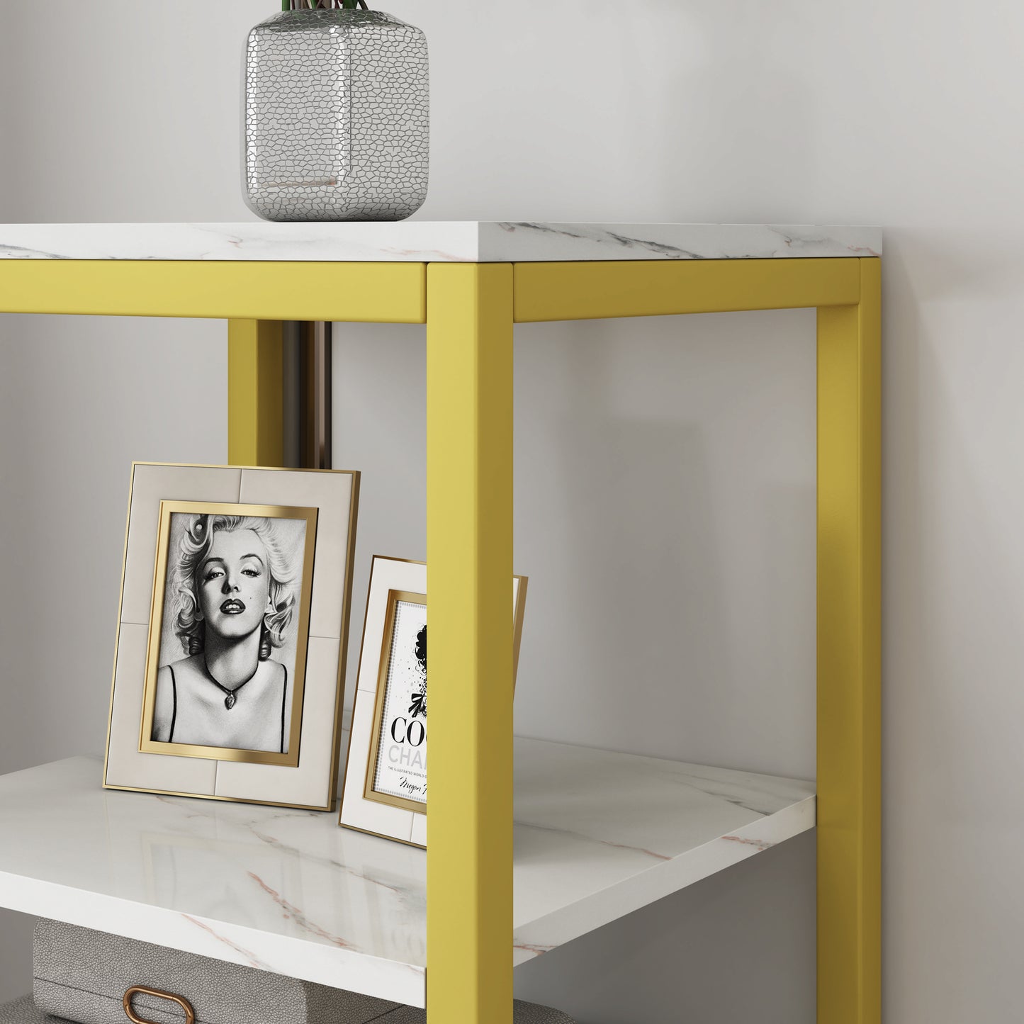 Synergy Luxury Marble Look Side Table Nightstand (White)