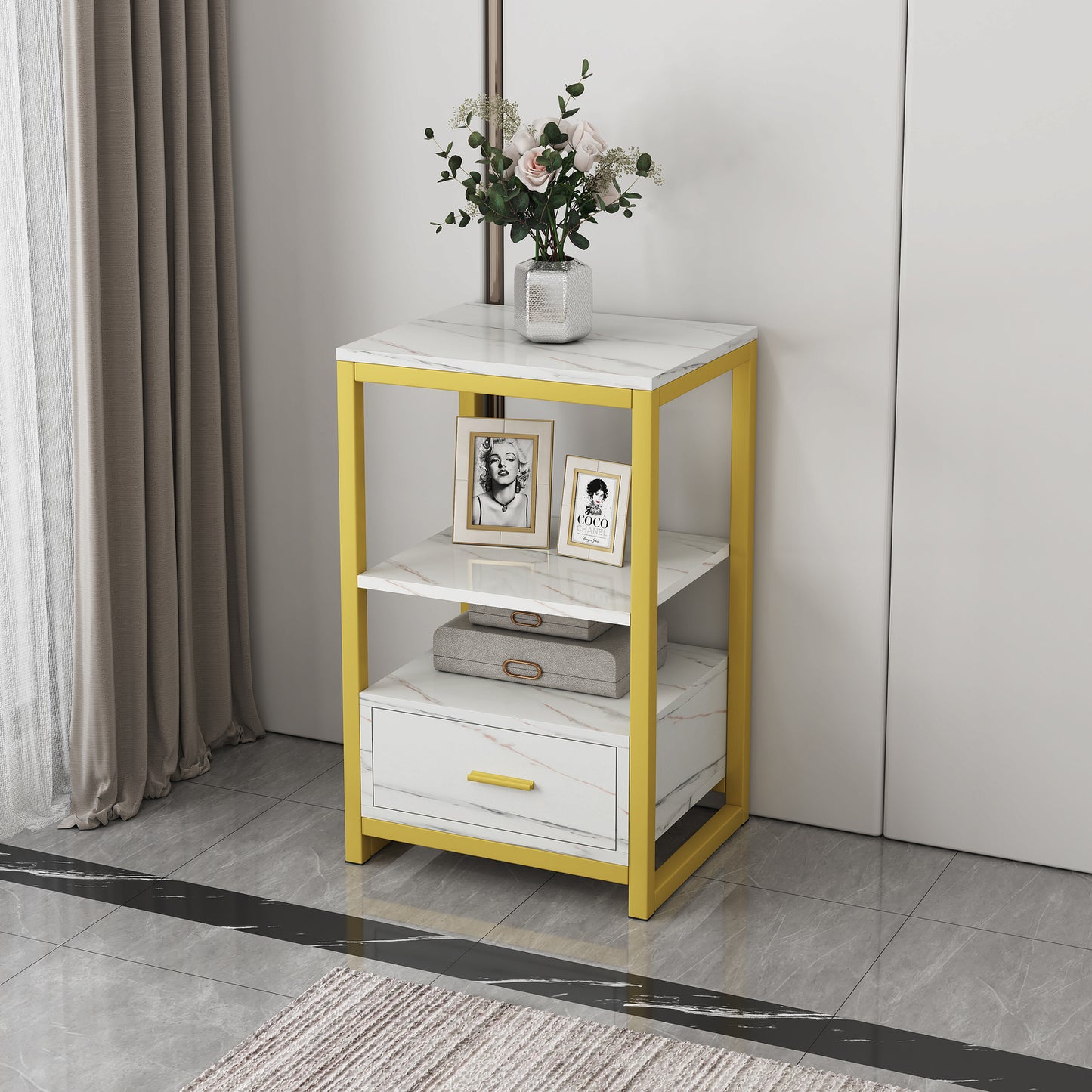 Synergy Luxury Marble Look Side Table Nightstand (White)