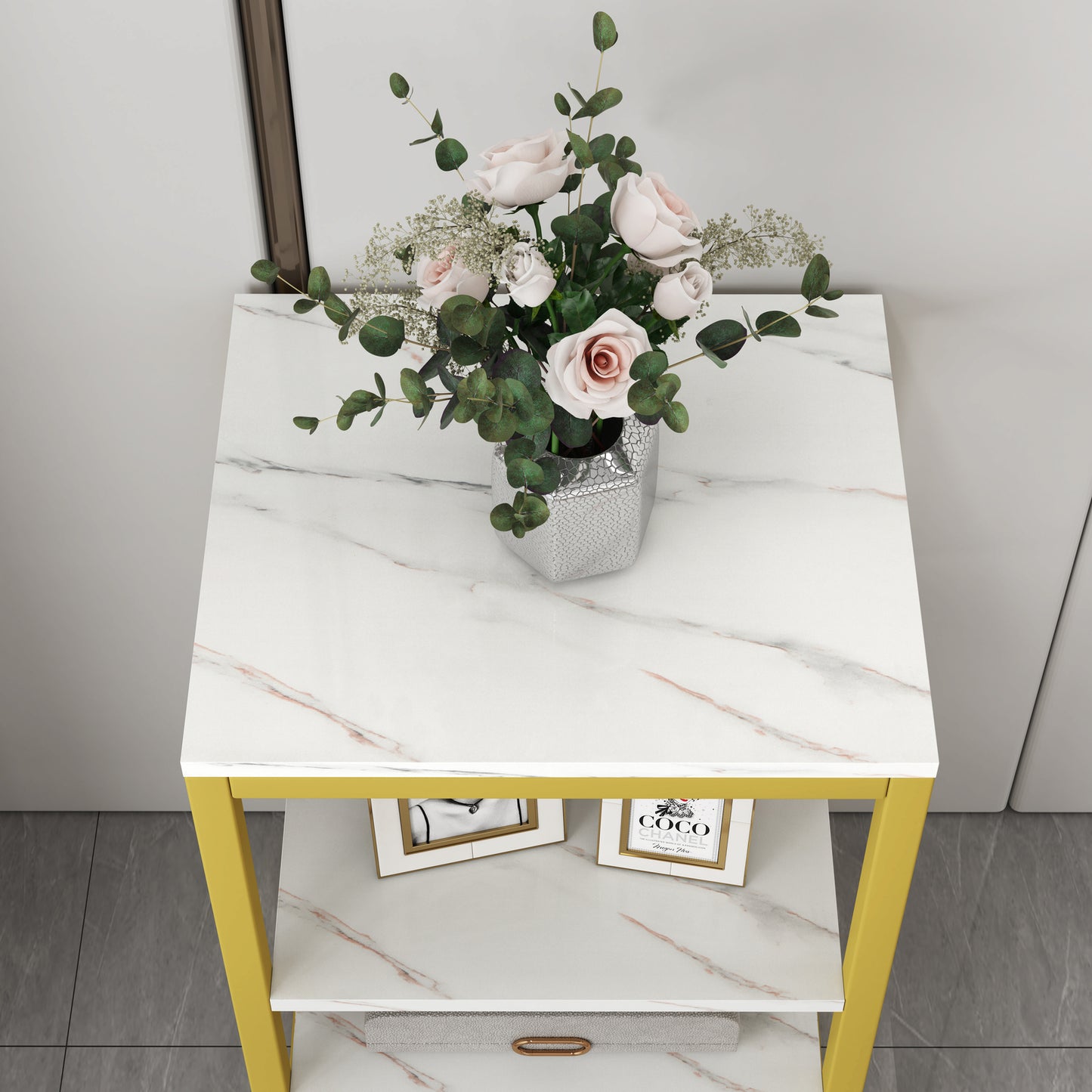 Synergy Luxury Marble Look Side Table Nightstand (White)