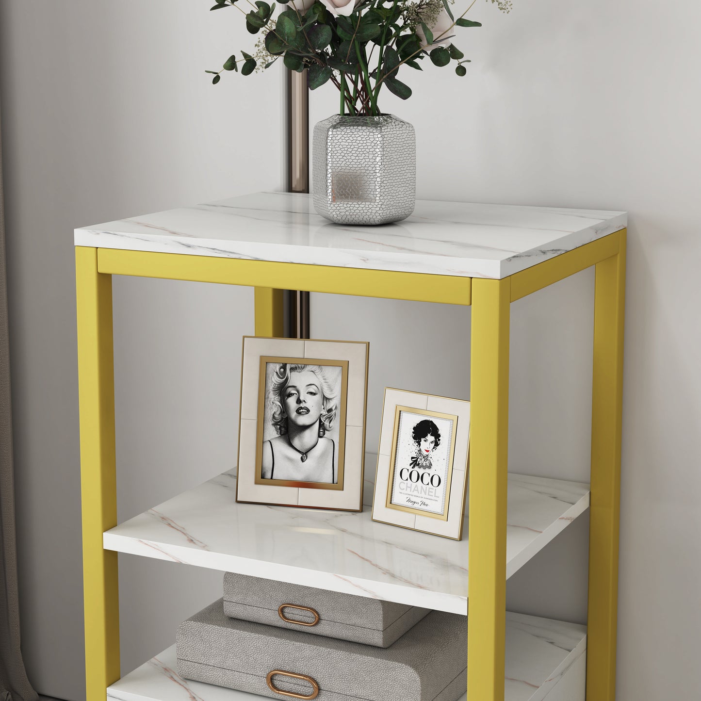 Synergy Luxury Marble Look Side Table Nightstand (White)