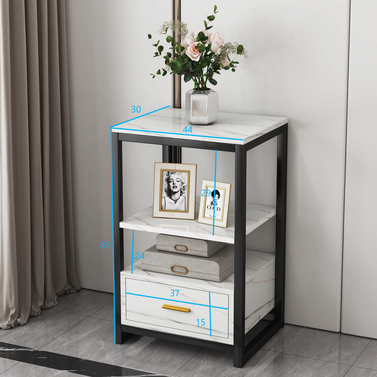 Synergy Luxury Marble Look Side Table Nightstand (White)