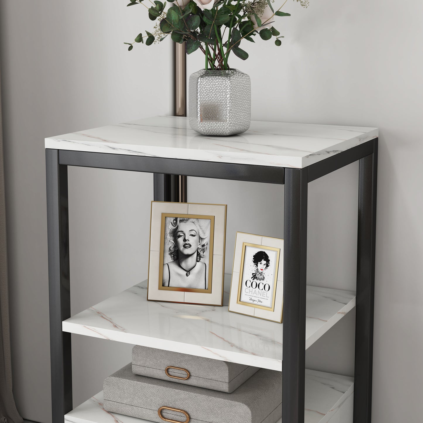 Synergy Luxury Marble Look Side Table Nightstand (White)