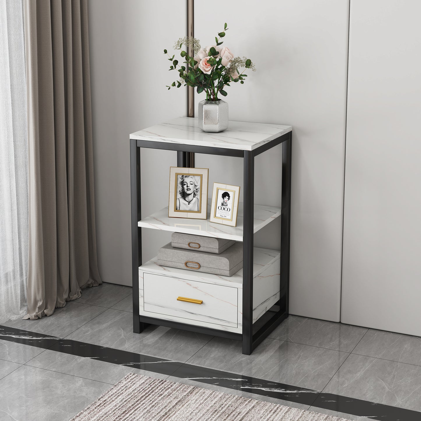 Synergy Luxury Marble Look Side Table Nightstand (White)
