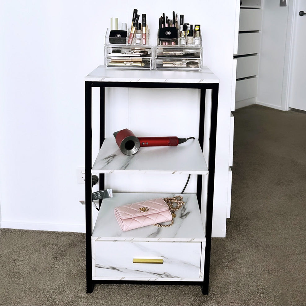 Synergy Luxury Marble Look Side Table Nightstand (White)